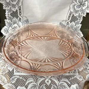 Hazel Atlas Royal Lace Pink Platter 1930s Depression Glass Serving Tray 12.5 in